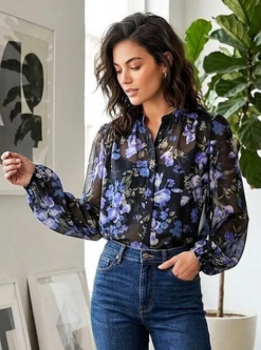Rachel Zoe Sheer Floral Blouse Top Women Black.Blue Sz M Boho Victorian Romantic
